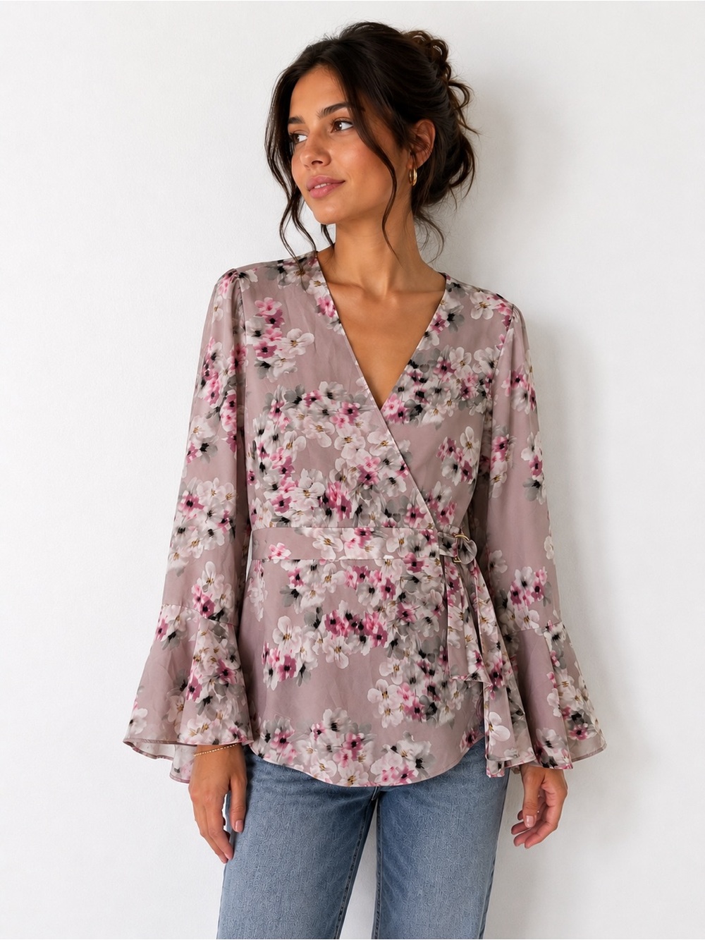 NWOT-Floral Wrap Blouse in Mauve Pink